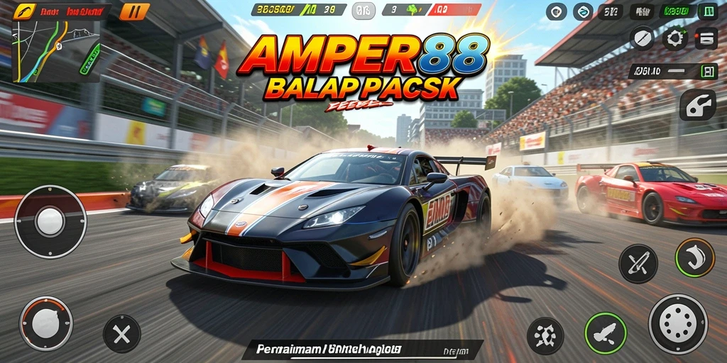 Screenshot gameplay AMPER88 menampilkan aksi balap yang mendebarkan.