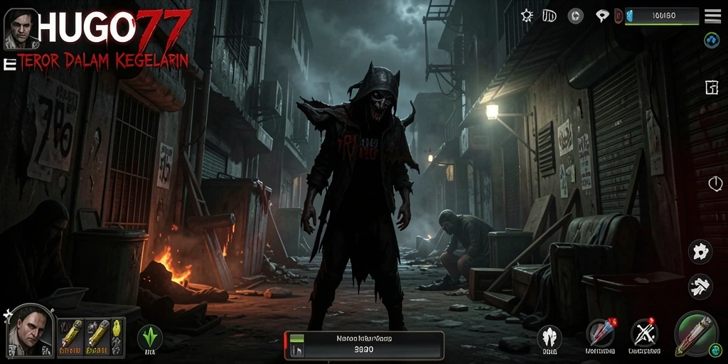 Screenshot HUGO77 menampilkan suasana mencekam dan karakter menyeramkan di dalam game.