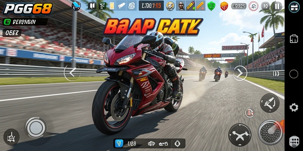 Screenshot gameplay PGG68 menampilkan balapan motor yang seru dan mendebarkan.