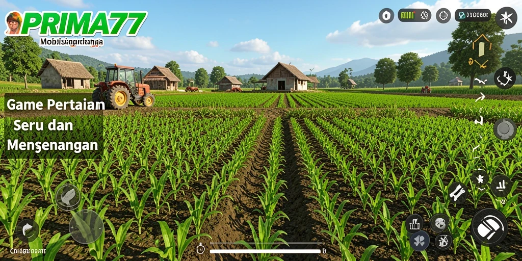 Tampilan gameplay <strong>PRIMA77</strong> dengan ladang yang subur dan aktivitas bertani.
